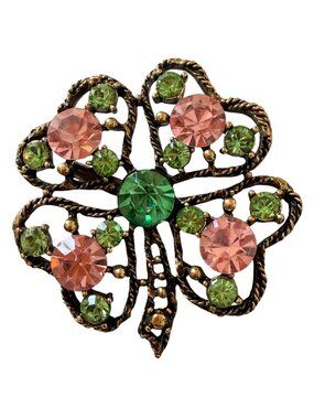 Signed Weiss 4 Leaf Clover Brooch Pink Green Rhinestone Gold Tone Vintage